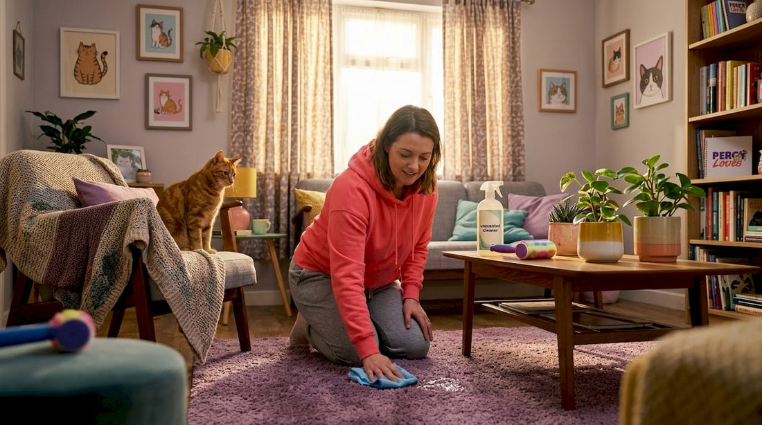 Pet owner cleaning living room accident spot