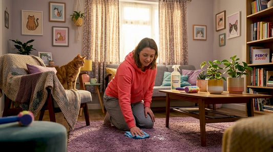 Pet owner cleaning living room accident spot