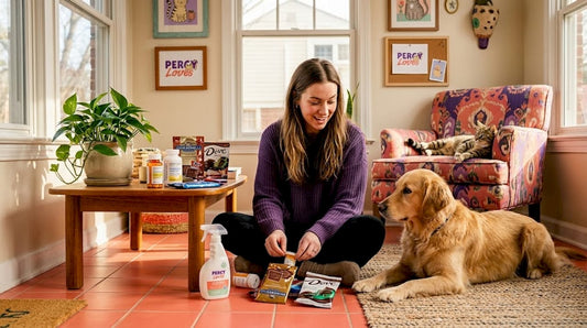 Woman sorting pet hazards at home