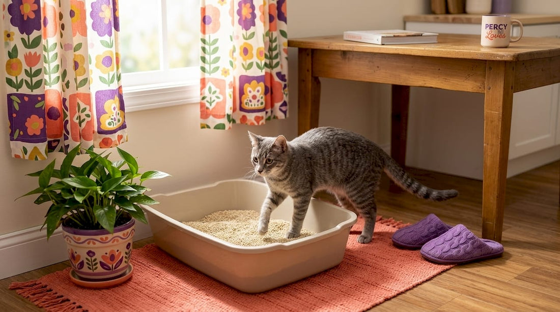 Curious cat approaches litter box in living room