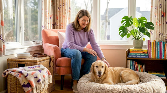 Woman responsibly petting golden retriever at home