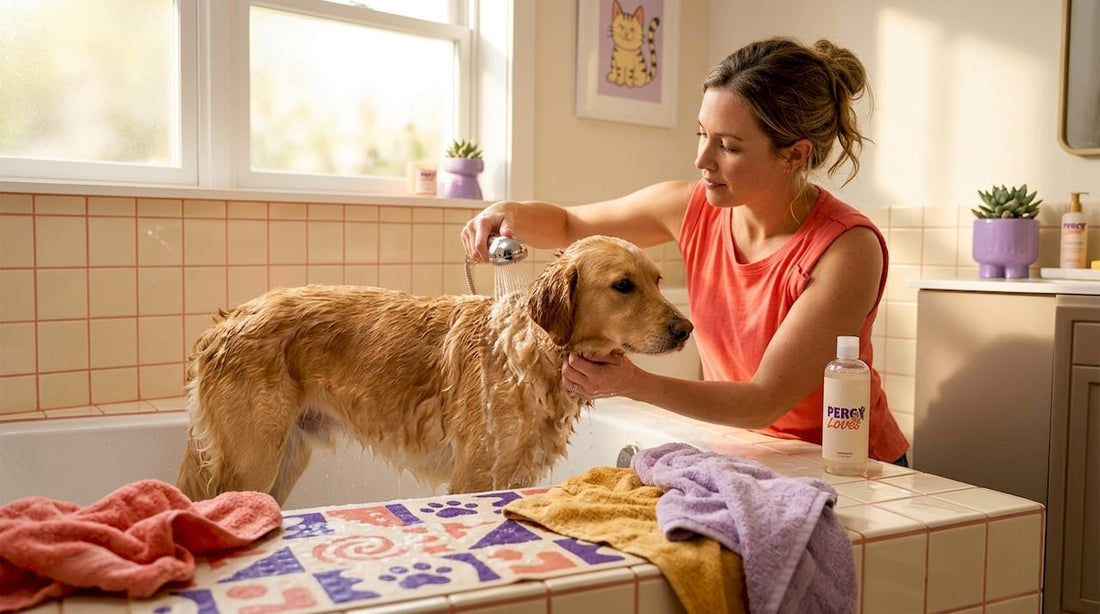 Woman bathing medium-sized dog in bathroom