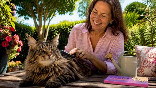 Woman brushing Maine Coon cat indoors