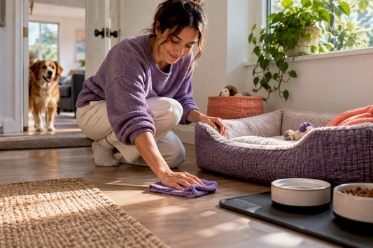 Pet parent cleaning a tidy dog space