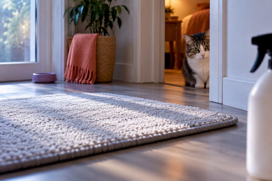 Cat near freshly treated floor surface