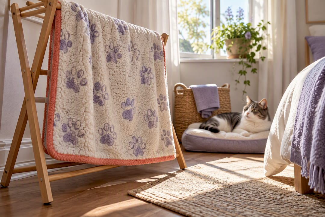 Cat beside freshly drying pet bedding