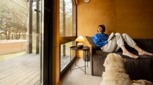 pale yellow dog looks up at woman reading on the sofa