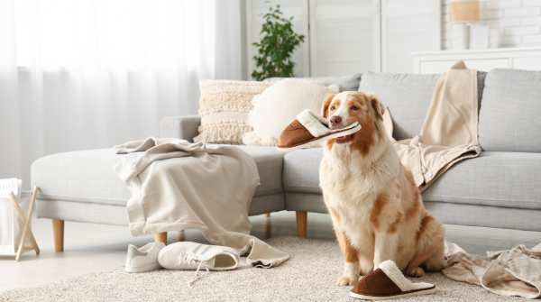 Dog sits in wrecked living room with a slipper in its mouth
