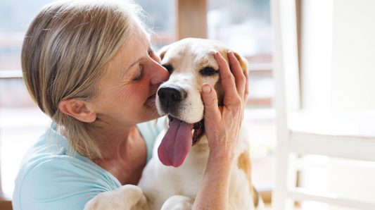 Woman kisses pale yellow dog