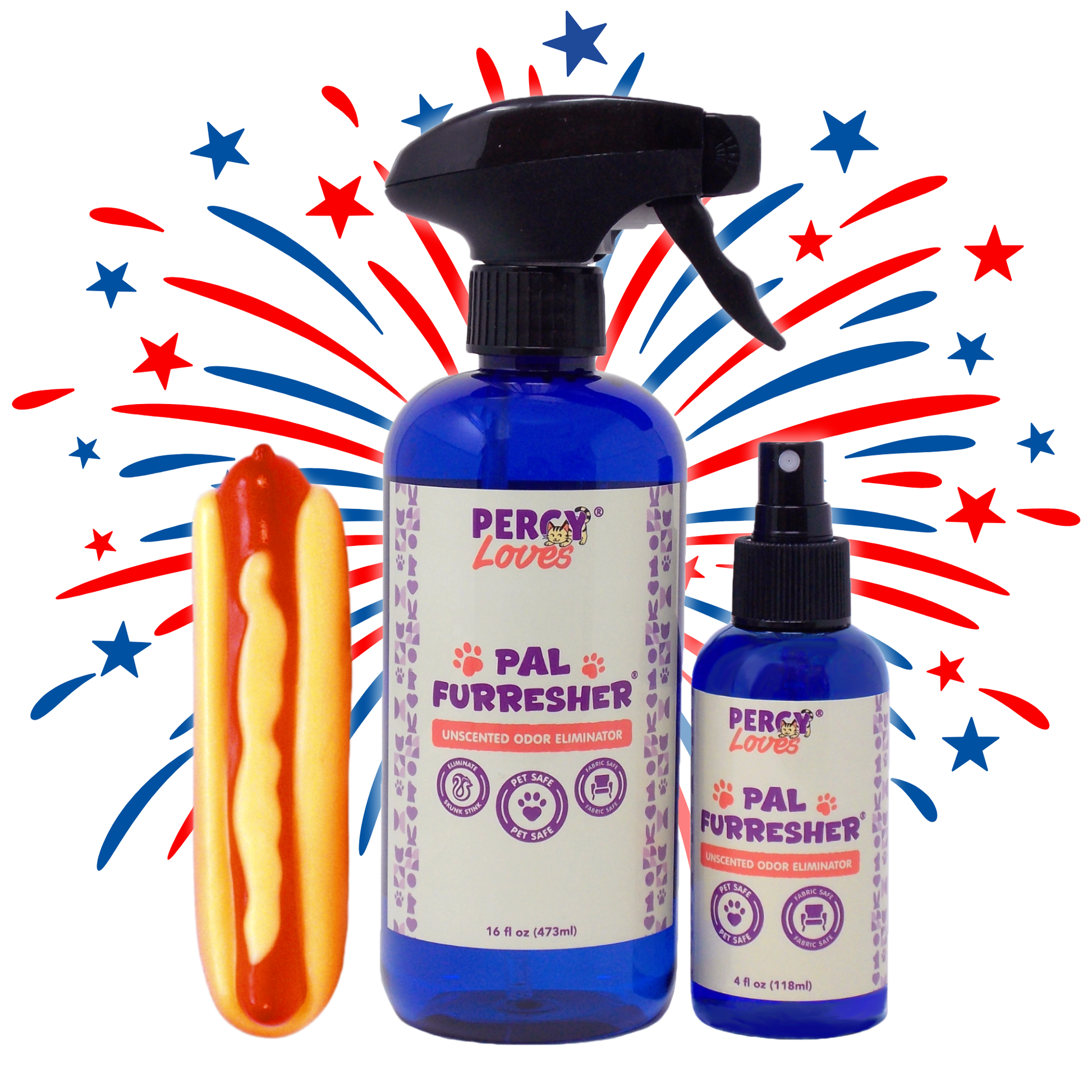 Two bottles of Percy Loves PAL Furreresher with a hot dog toy against a colorful starburst background.